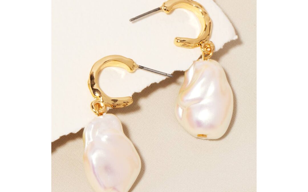 Pearl Charm Warped Metallic Hoop Earrings