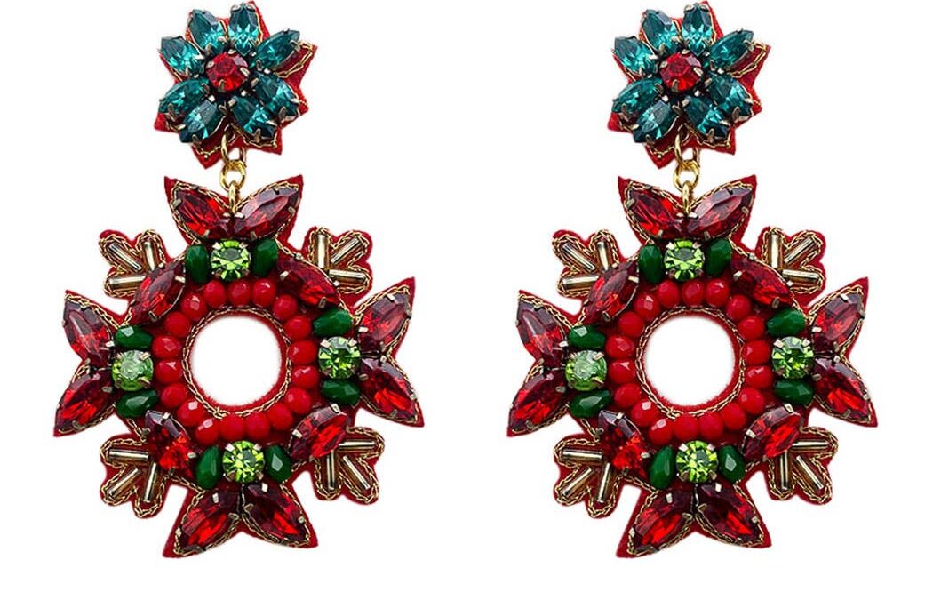 Seed Beaded Christmas Wreath Post Earrings