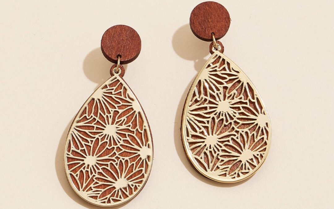 Wood & Gold Floral Teardrop Filigree Earrings